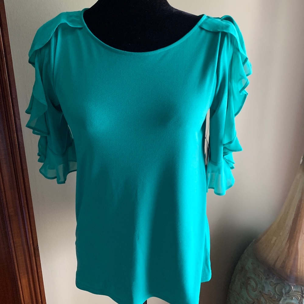 Ruffled Shoulder Teal Top